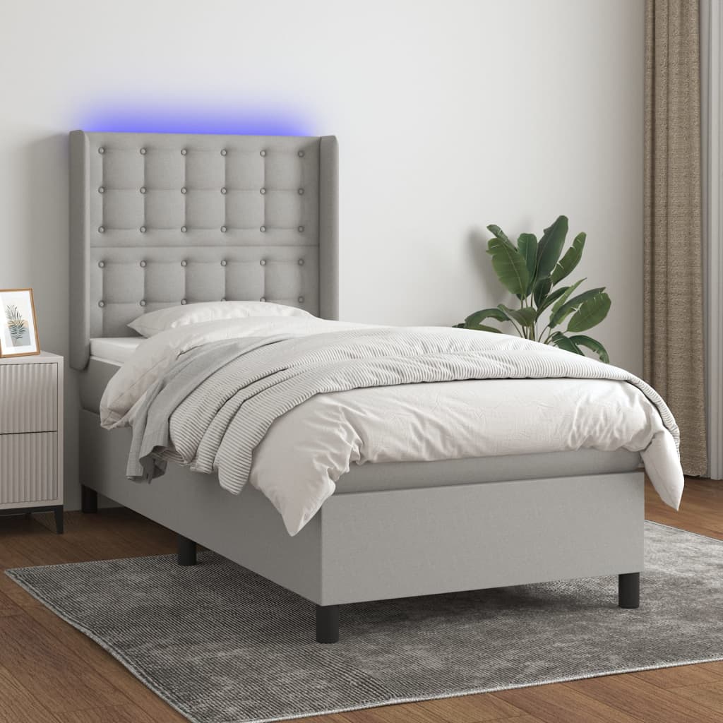 Világosszürke szövet rugós és LED-es ágy matraccal 100x200 cm