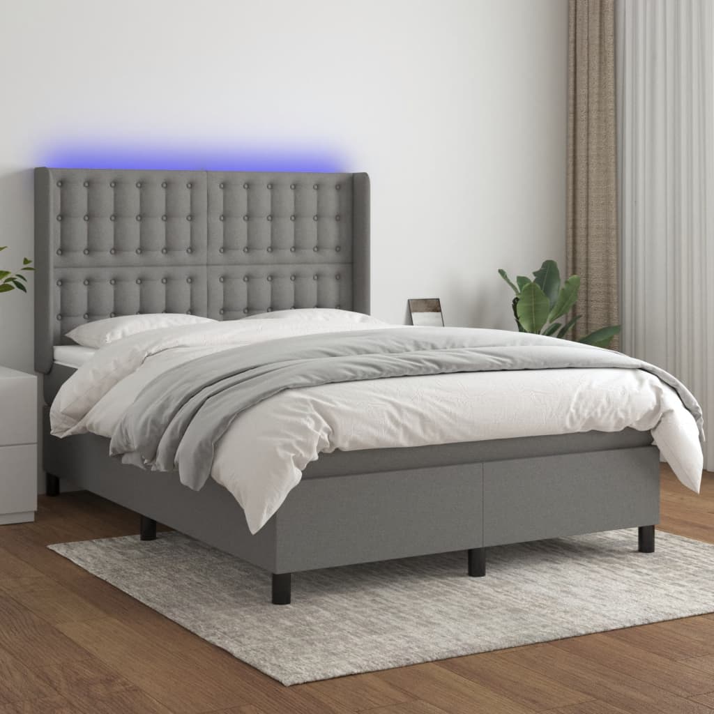 Sötétszürke szövet rugós és LED-es ágy matraccal 140x190 cm