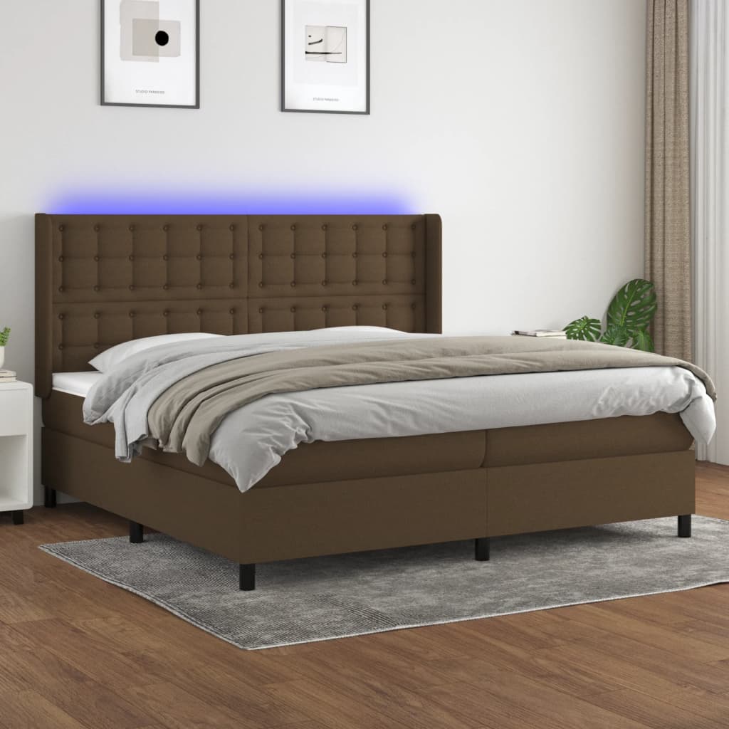 Barna szövet rugós és LED-es ágy matraccal 200x200 cm