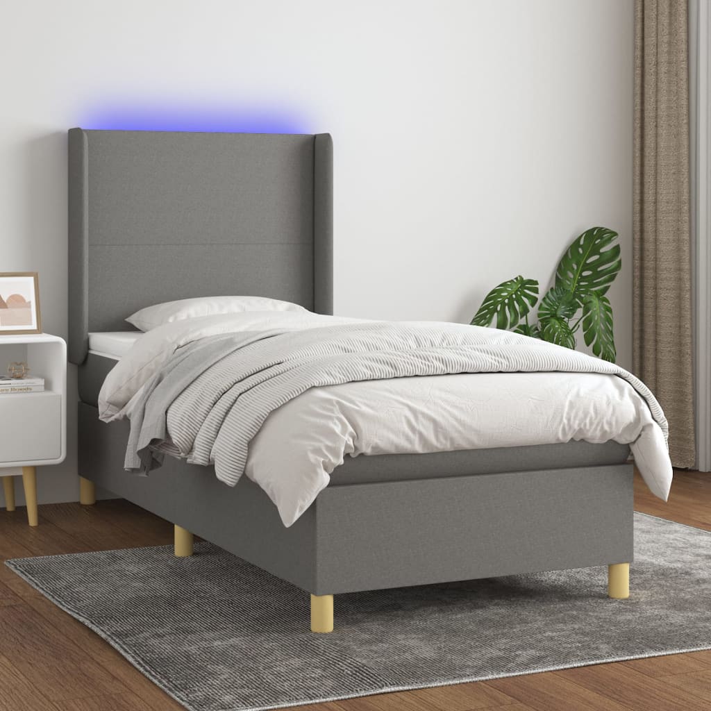 Sötétszürke szövet rugós és LED-es ágy matraccal 80 x 200 cm