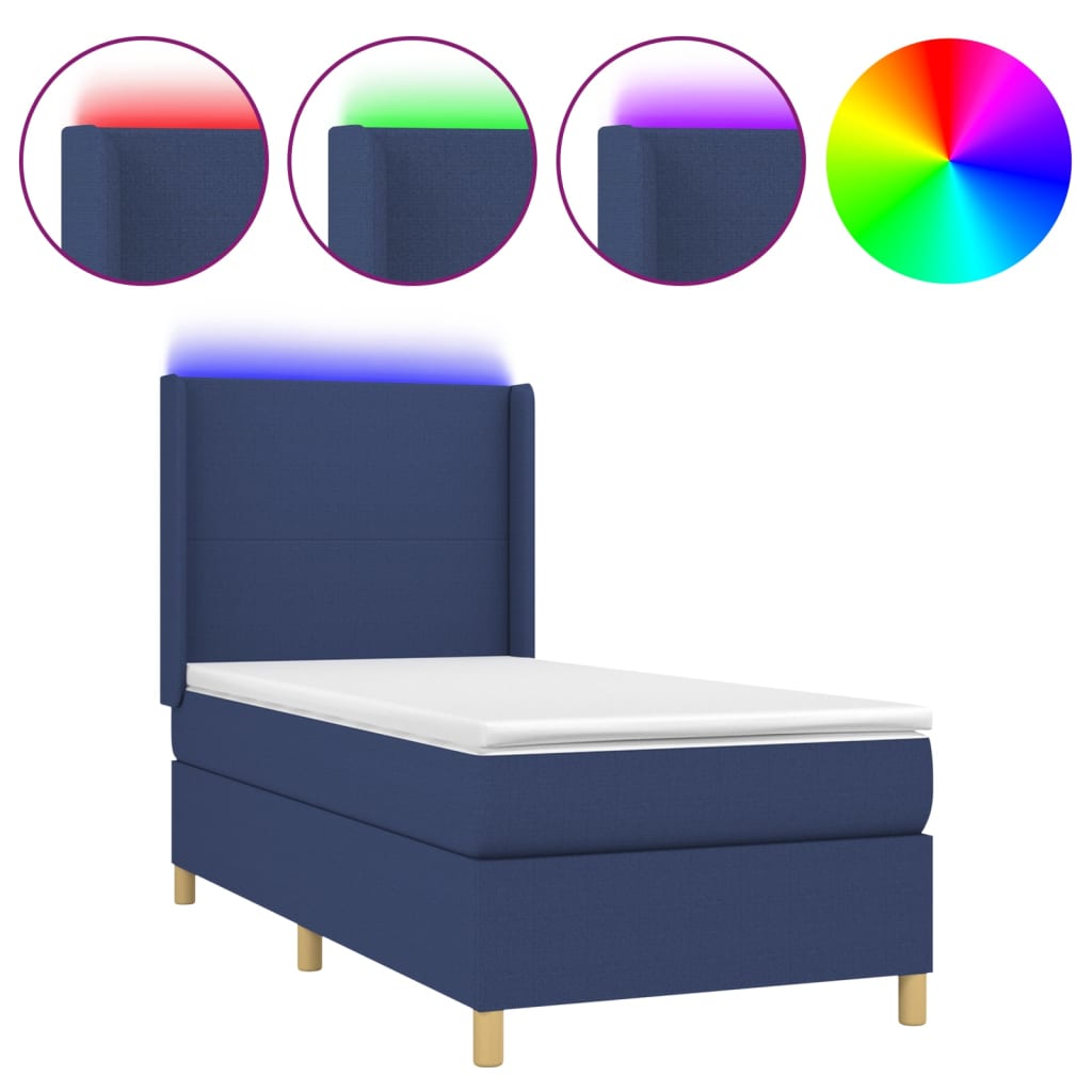 Kék szövet rugós és LED-es ágy matraccal 90x190 cm 2