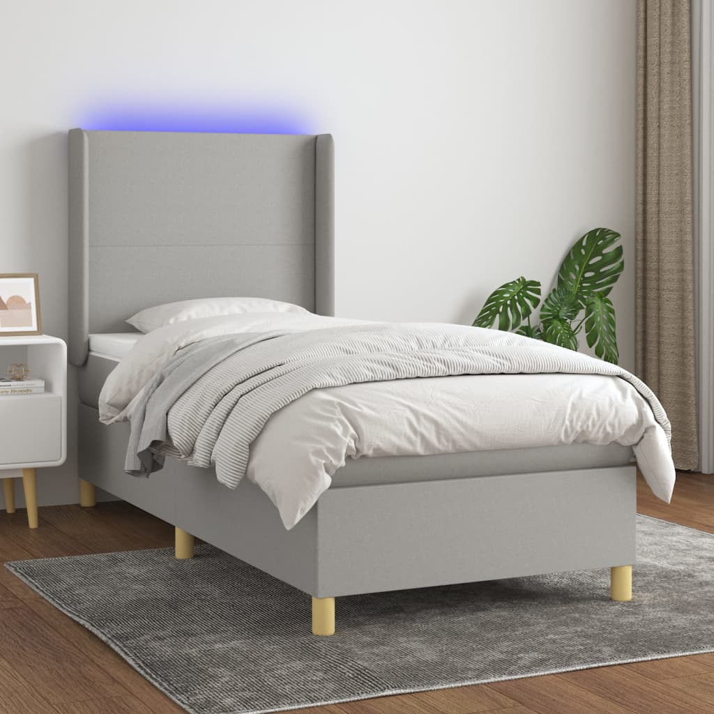 Világosszürke szövet rugós és LED-es ágy matraccal 90x200 cm
