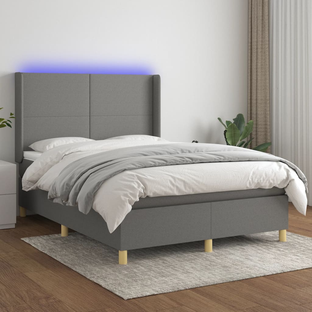 Sötétszürke szövet rugós és LED-es ágy matraccal 140x190 cm