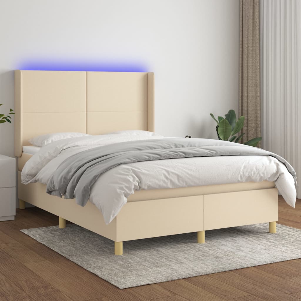Krémszínű szövet rugós és LED-es ágy matraccal 140x190cm