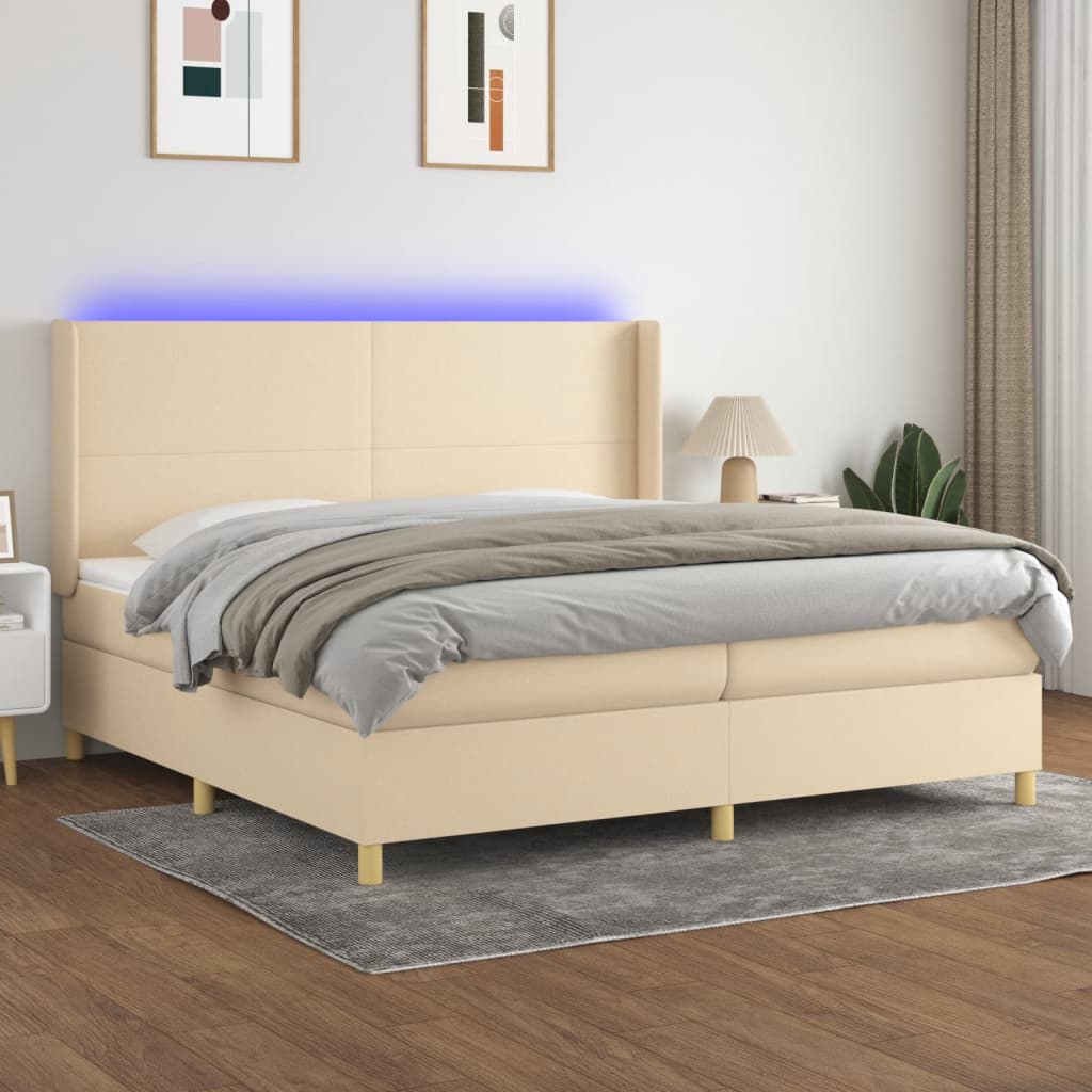 Krémszínű szövet rugós és LED-es ágy matraccal 200 x 200 cm
