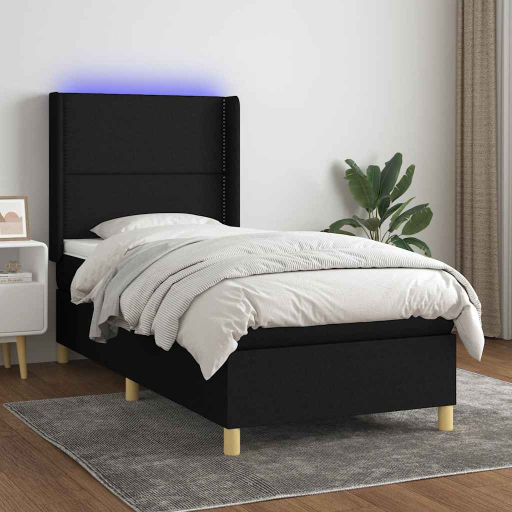 Fekete szövet rugós és LED-es ágy matraccal 90x200 cm