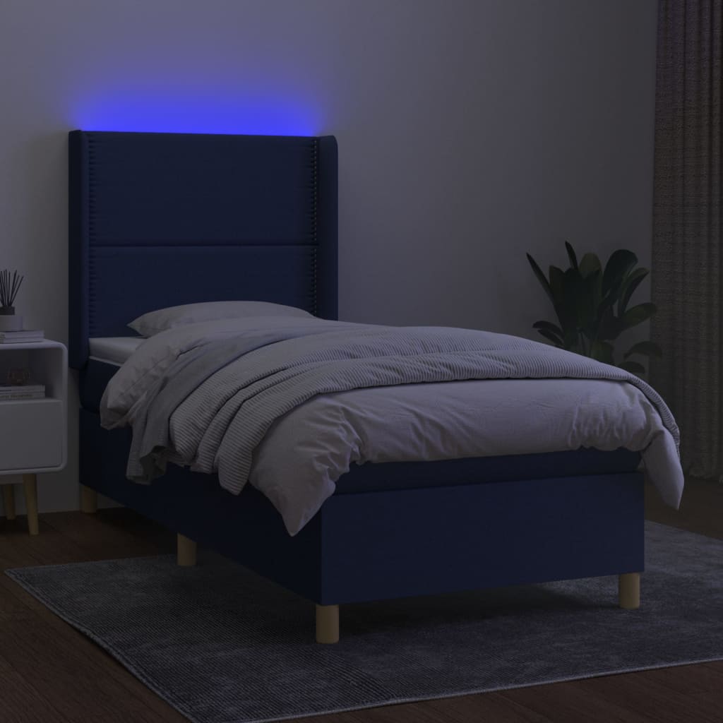 Kék szövet rugós és LED-es ágy matraccal 90x200 cm 3