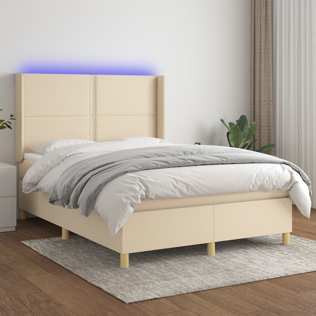 Krémszínű szövet rugós és LED-es ágy matraccal 140x190cm