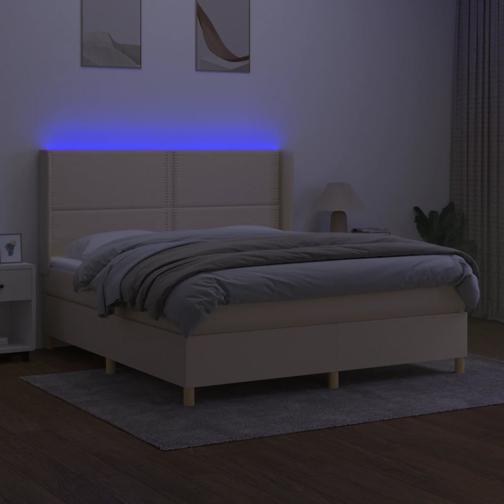 Krémszínű szövet rugós és LED-es ágy matraccal 160x200 cm 3
