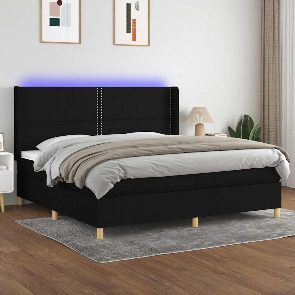 Fekete szövet rugós és LED-es ágy matraccal 200x200 cm
