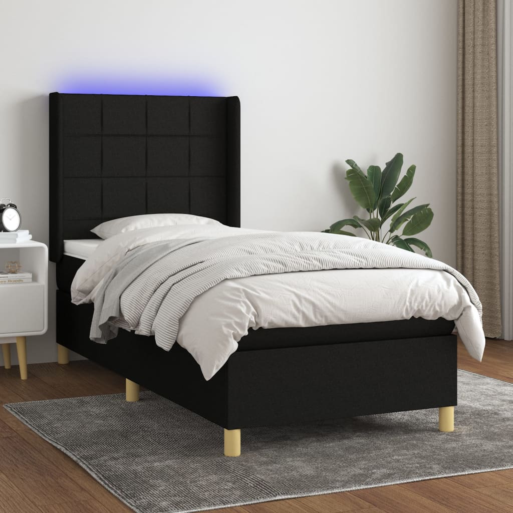 Fekete szövet rugós és LED-es ágy matraccal 80 x 200 cm
