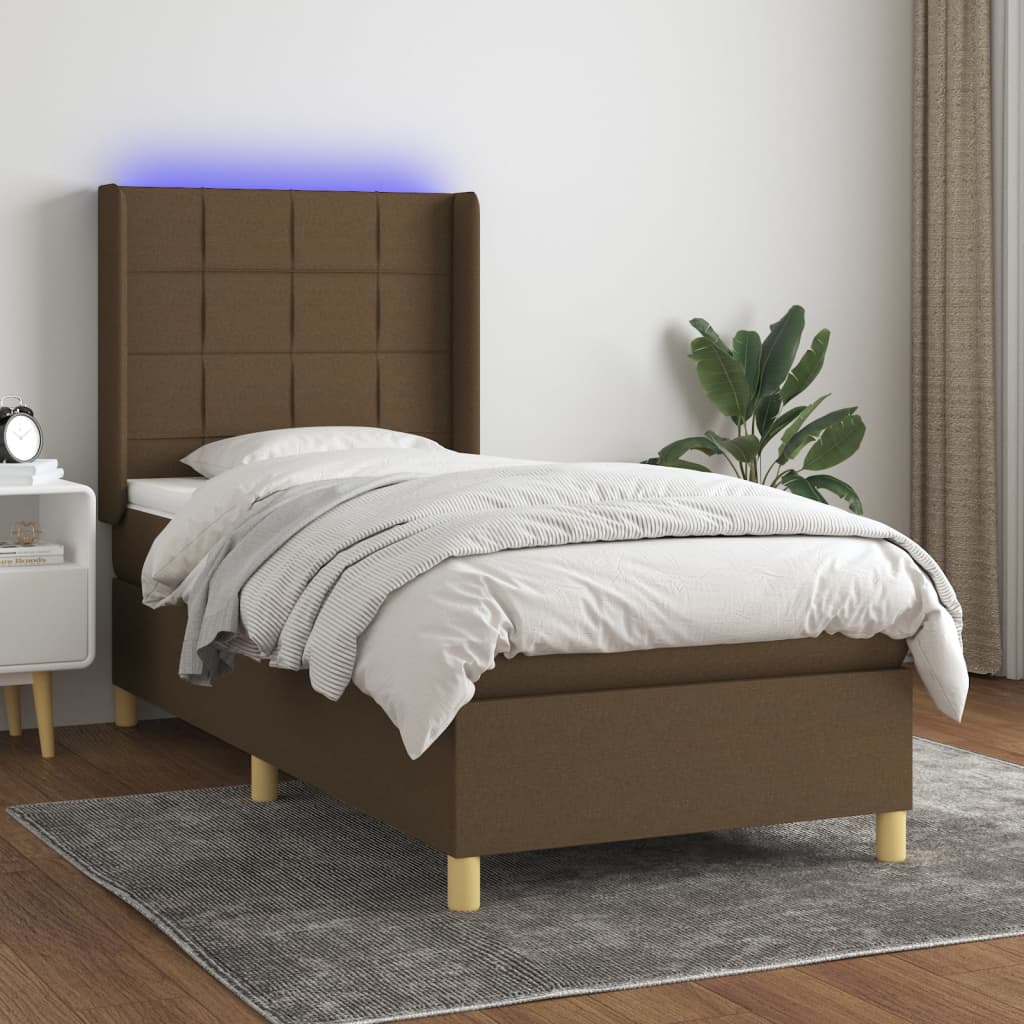 Barna szövet rugós és LED-es ágy matraccal 100x200 cm