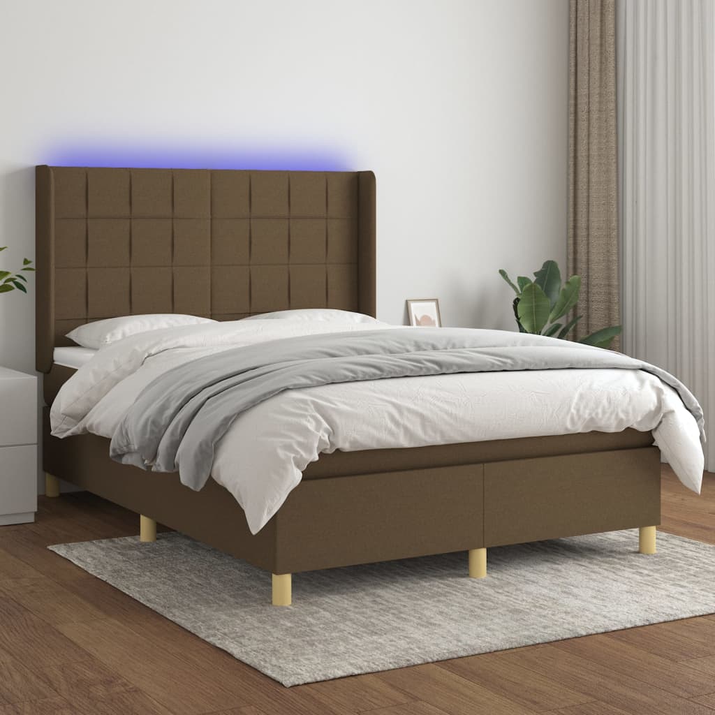 Barna szövet rugós és LED-es ágy matraccal 140x200 cm