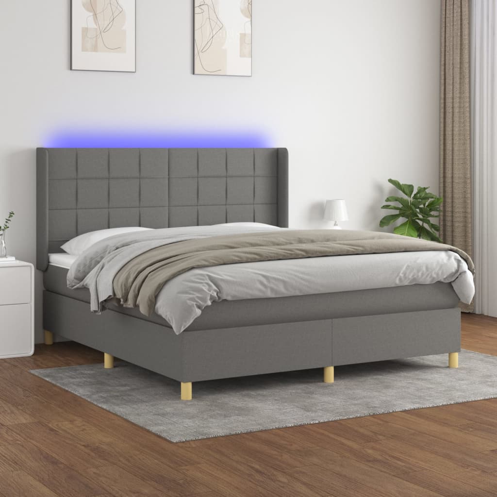 Sötétszürke szövet rugós és LED-es ágy matraccal 180 x 200 cm