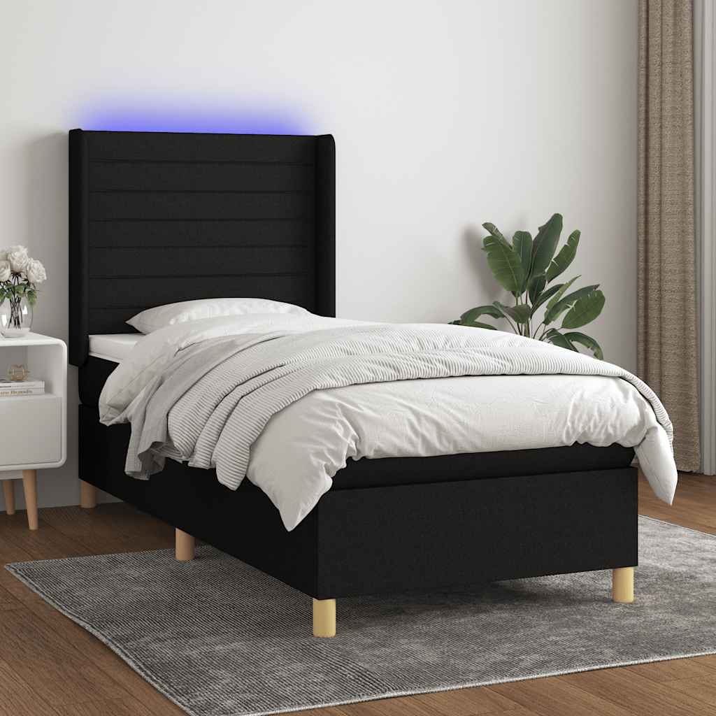 Fekete szövet rugós és LED-es ágy matraccal 80 x 200 cm