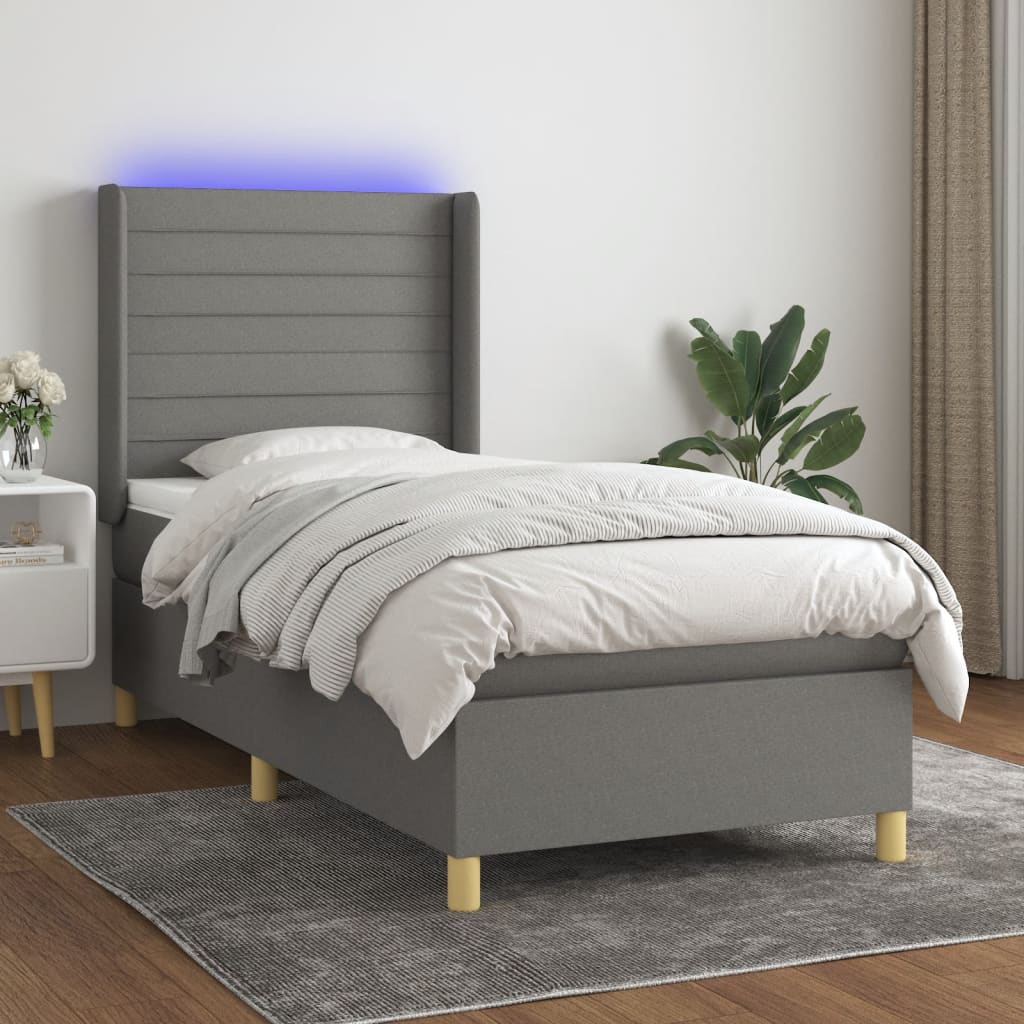 Sötétszürke szövet rugós és LED-es ágy matraccal 90x200 cm