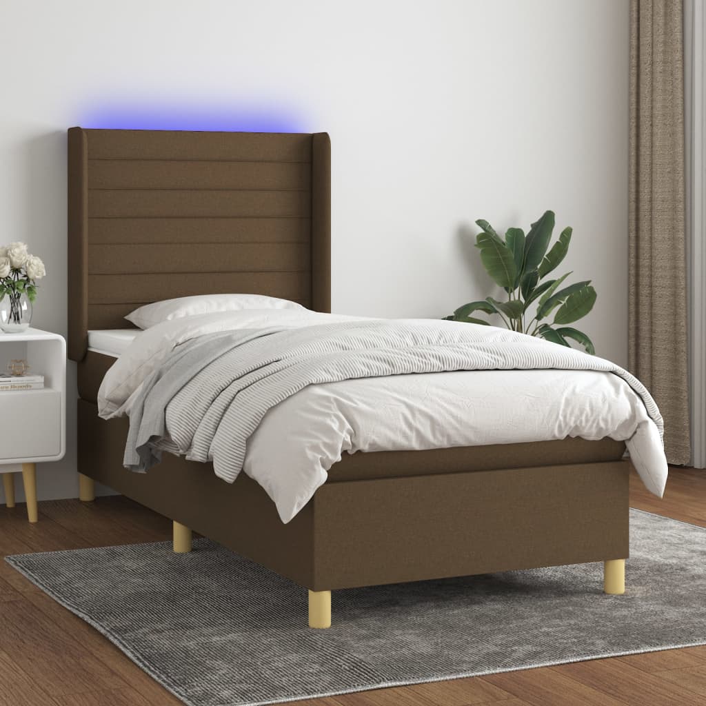 Barna szövet rugós és LED-es ágy matraccal 100x200 cm