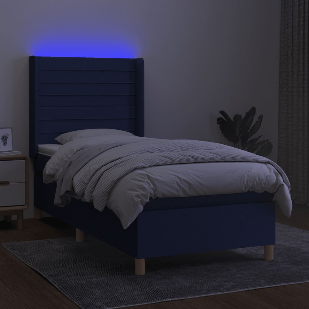 Kék szövet rugós és LED-es ágy matraccal 100x200 cm 3