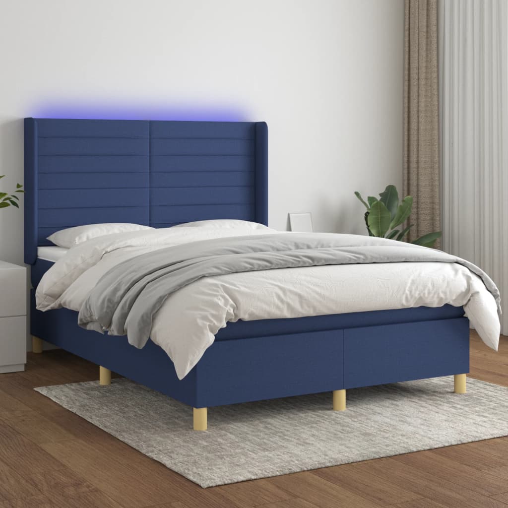Kék szövet rugós és LED-es ágy matraccal 140x190 cm