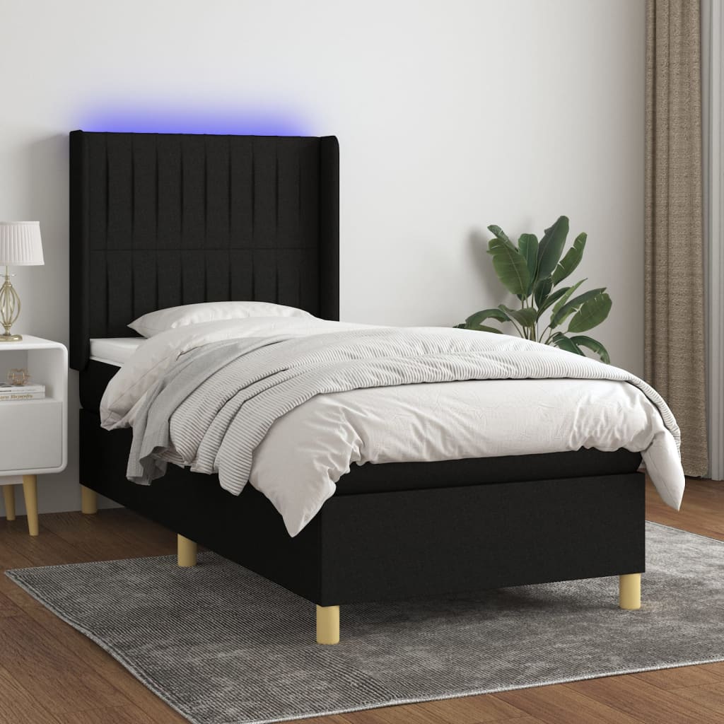 Fekete szövet rugós és LED-es ágy matraccal 80 x 200 cm