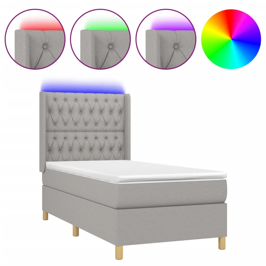 Világosszürke szövet rugós és LED-es ágy matraccal 90x190 cm 2