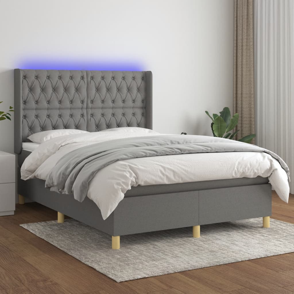 Sötétszürke szövet rugós és LED-es ágy matraccal 140x200 cm