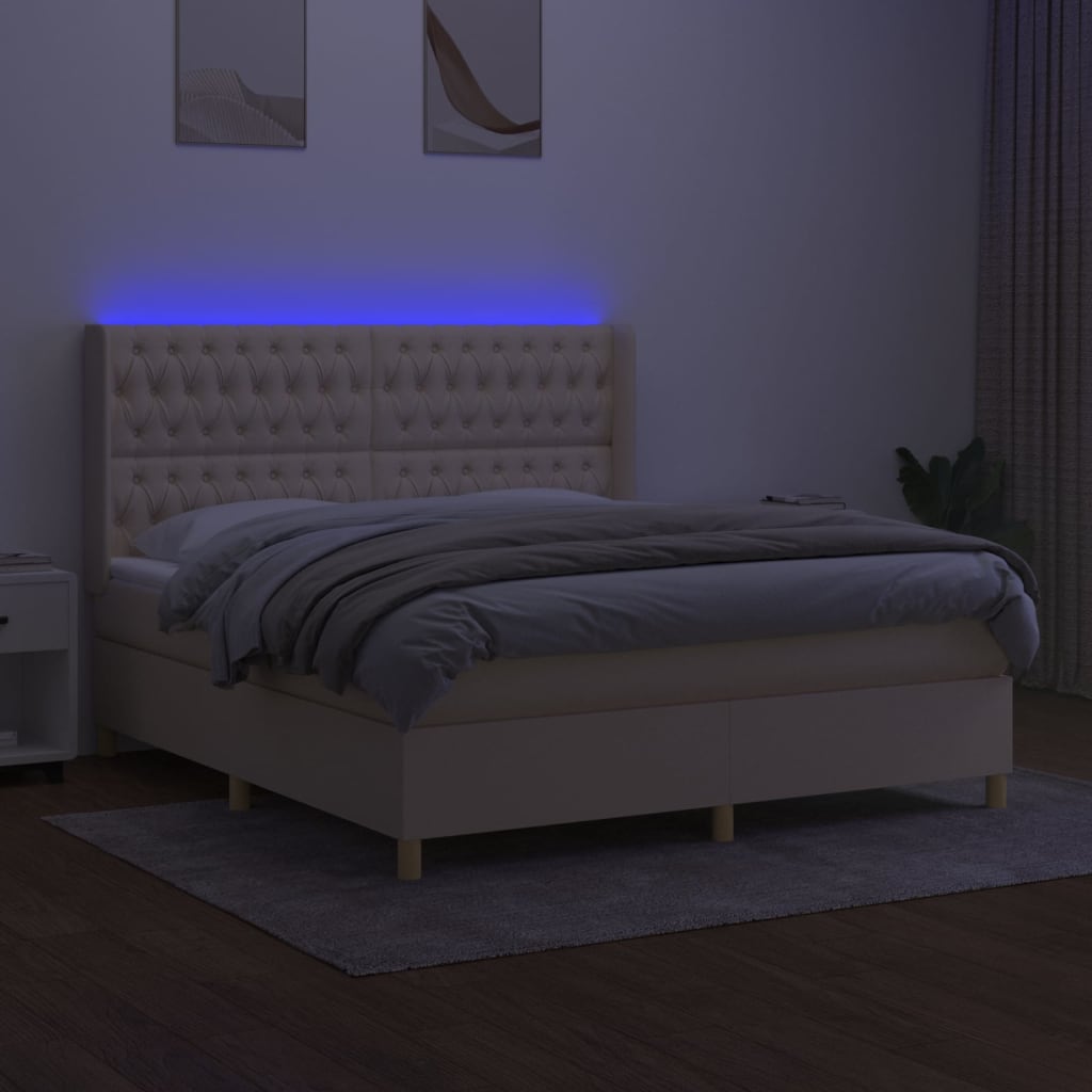 Krémszínű szövet rugós és LED-es ágy matraccal 160x200 cm 3