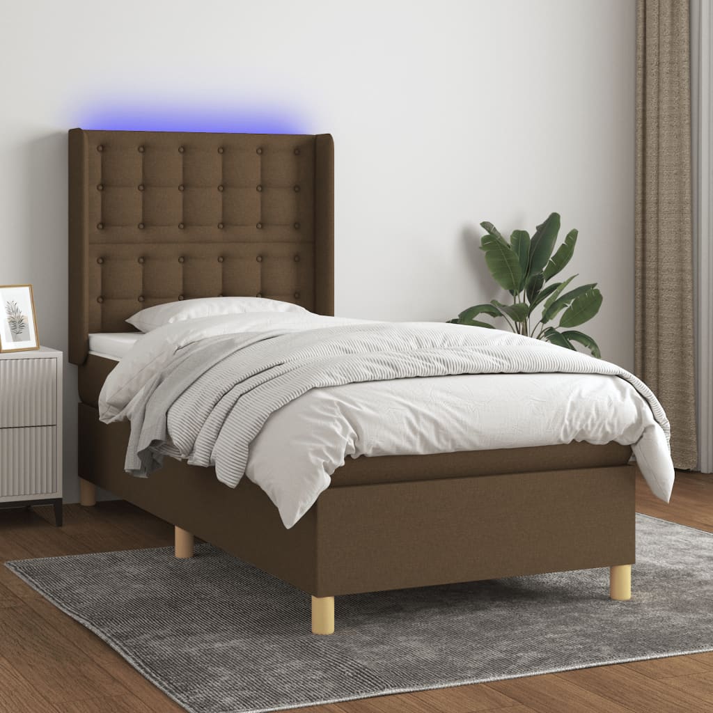 Barna szövet rugós és LED-es ágy matraccal 90x190 cm