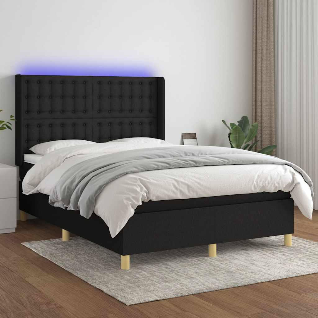 Fekete szövet rugós és LED-es ágy matraccal 140x190 cm