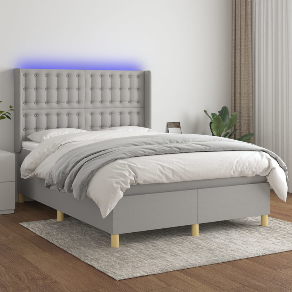 Világosszürke szövet rugós és LED-es ágy matraccal 140x200 cm