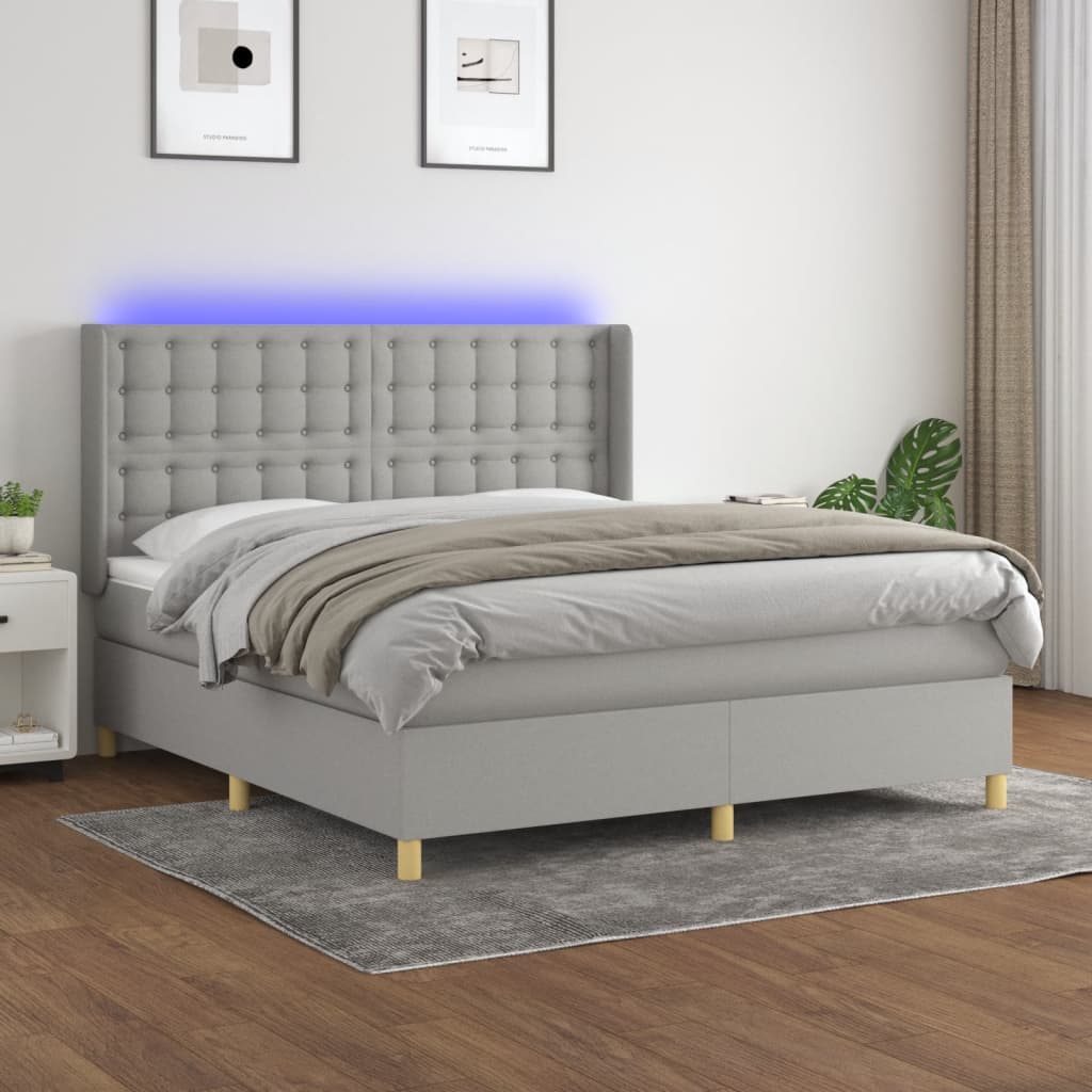 Világosszürke szövet rugós és LED-es ágy matraccal 160x200 cm