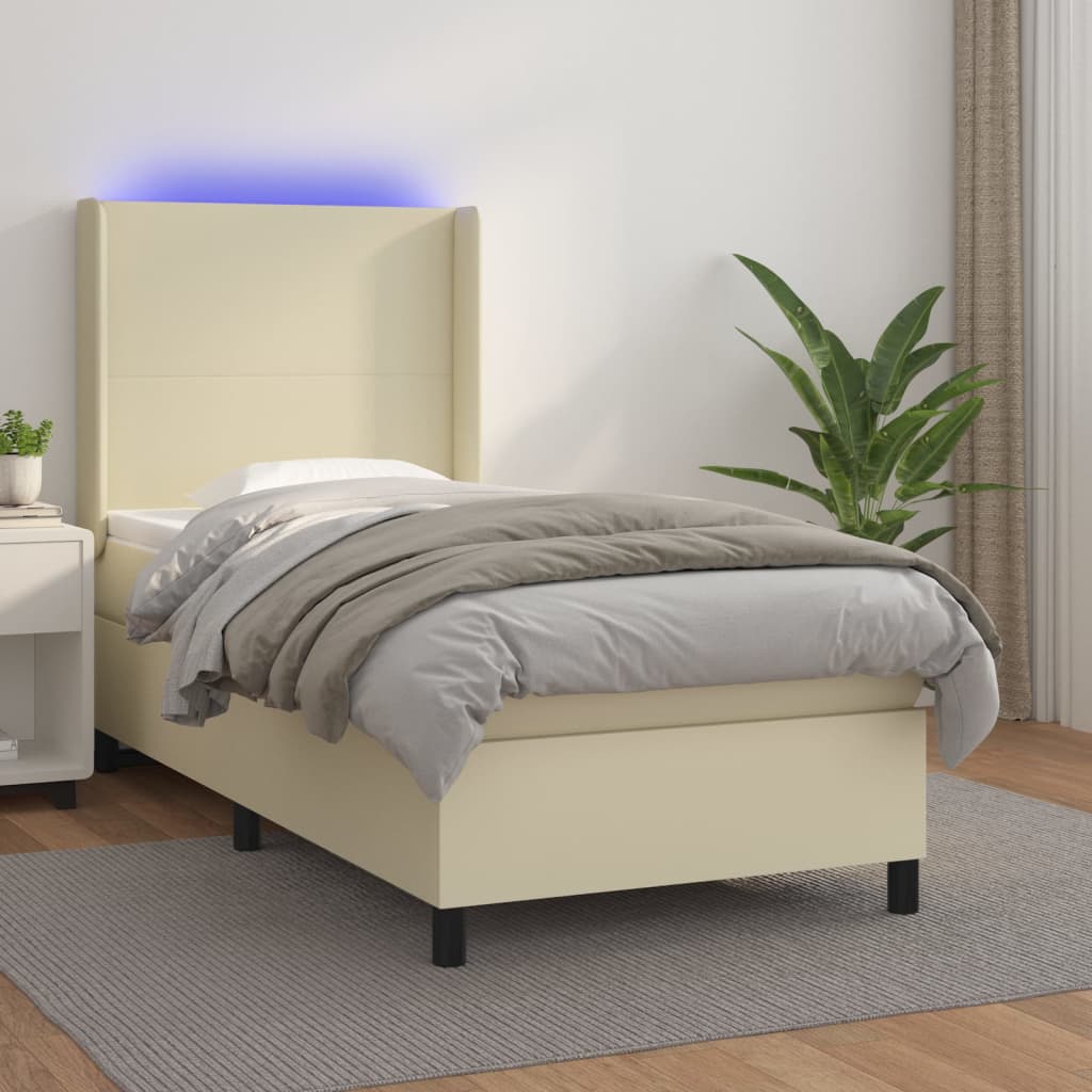 Krémszínű műbőr rugós ágy matraccal és LED-del 90x200 cm