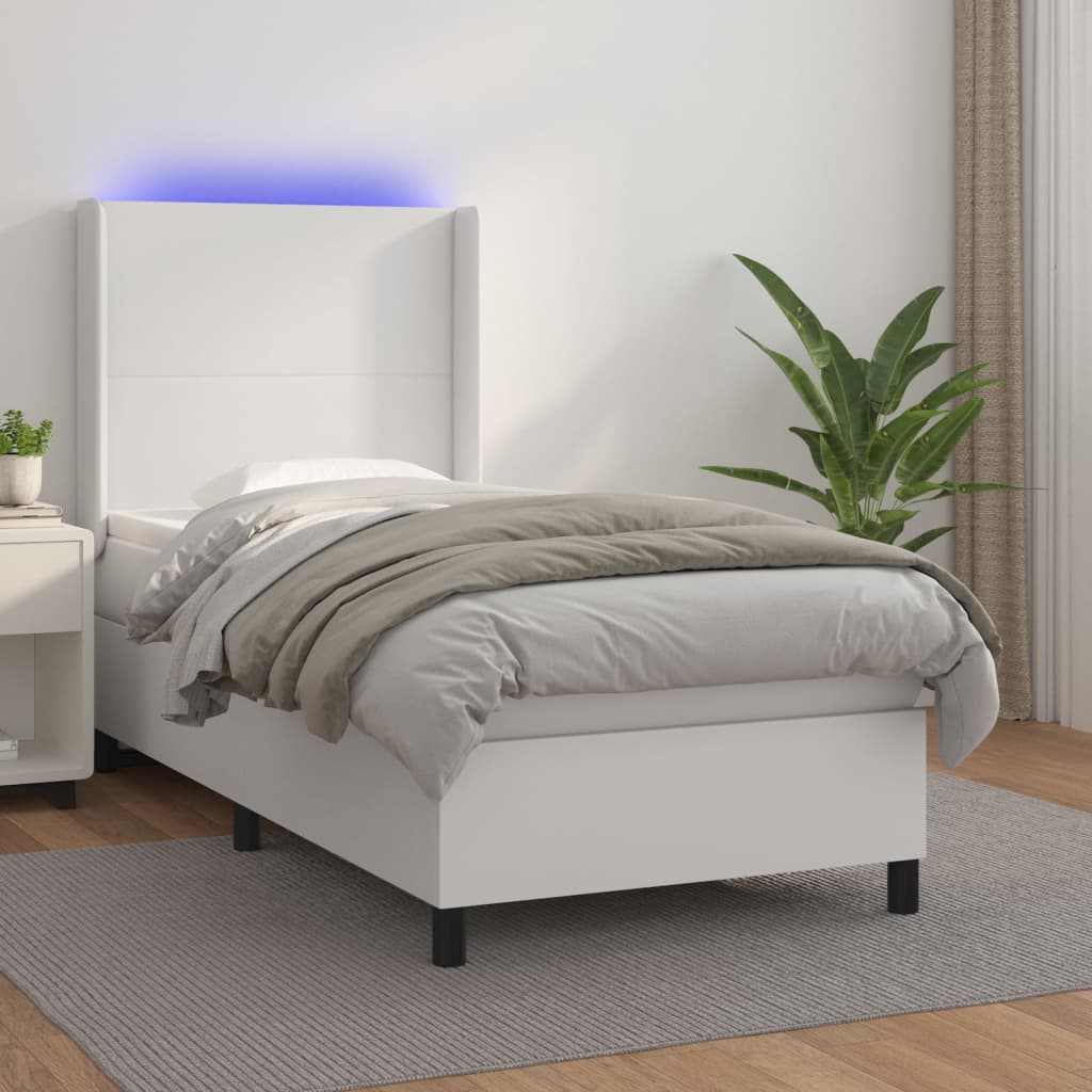 Fehér műbőr rugós ágy matraccal és LED-del 100x200 cm
