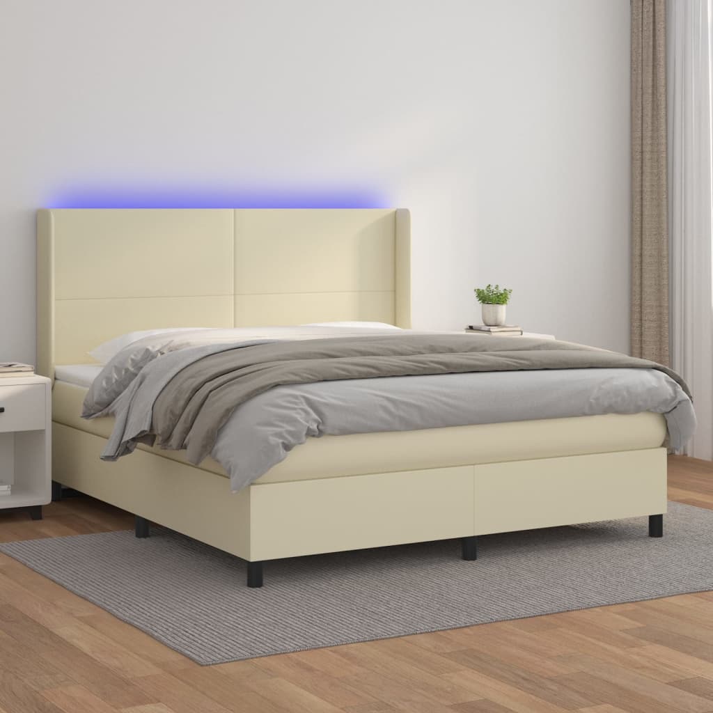 Krémszínű műbőr rugós ágy matraccal és LED-del 160x200 cm