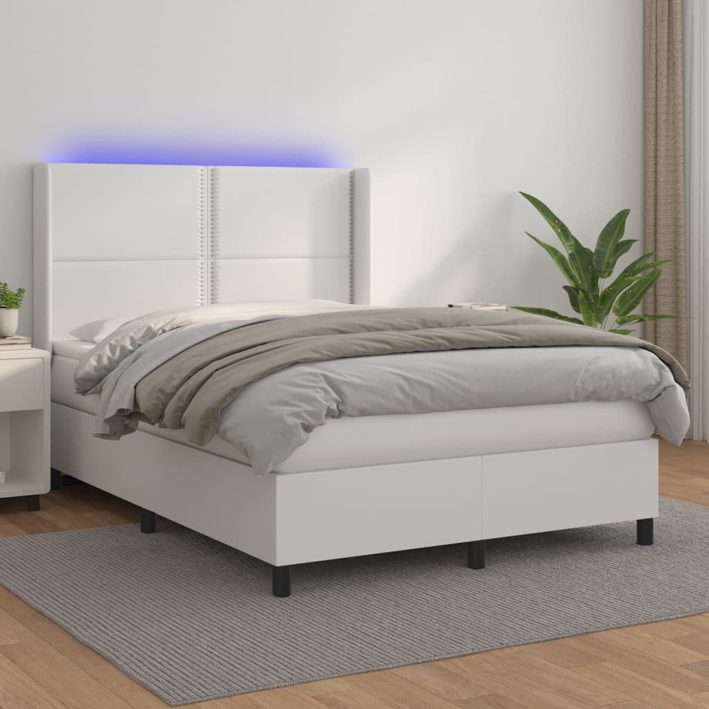 Fehér műbőr rugós ágy matraccal és LED-del 140x190 cm