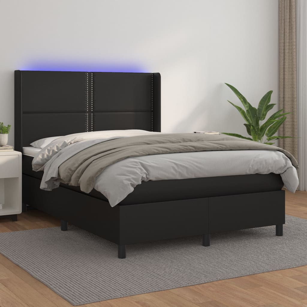 Fekete műbőr rugós ágy matraccal és LED-del 140x200 cm
