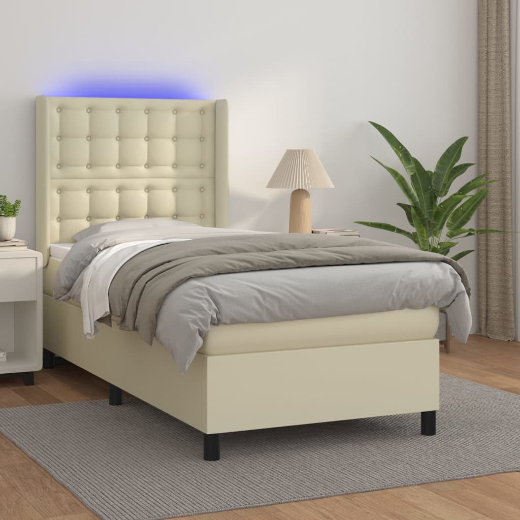 Krémszínű műbőr rugós ágy matraccal és LED-del 80 x 200 cm