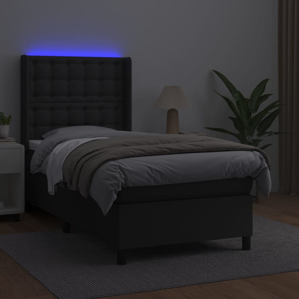 Fekete műbőr rugós ágy matraccal és LED-del 90x200 cm 3