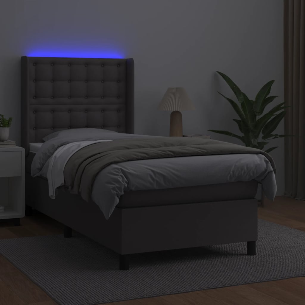 Szürke műbőr rugós ágy matraccal és LED-del 90x200 cm 3