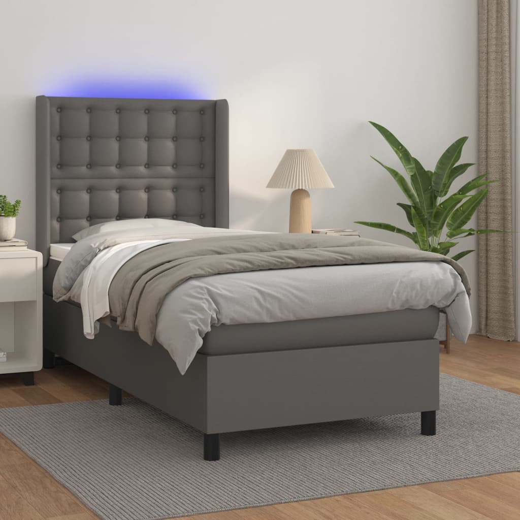 Szürke műbőr rugós ágy matraccal és LED-del 90x200 cm