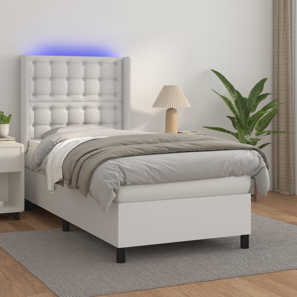 Fehér műbőr rugós ágy matraccal és LED-del 100x200 cm