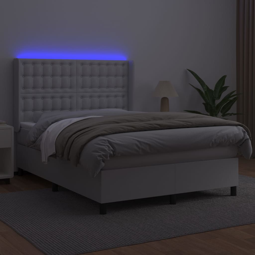 Fehér műbőr rugós ágy matraccal és LED-del 140x190 cm 3