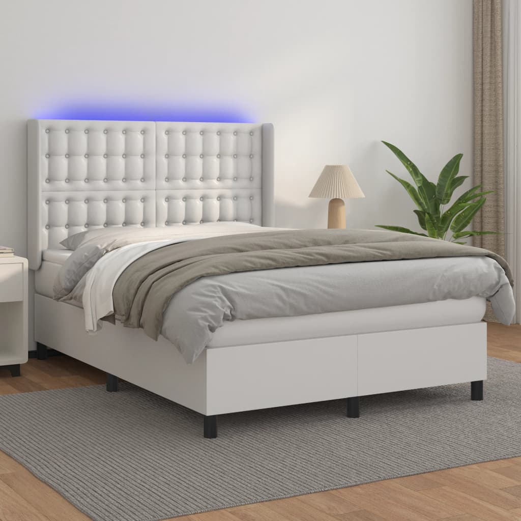 Fehér műbőr rugós ágy matraccal és LED-del 140x200 cm