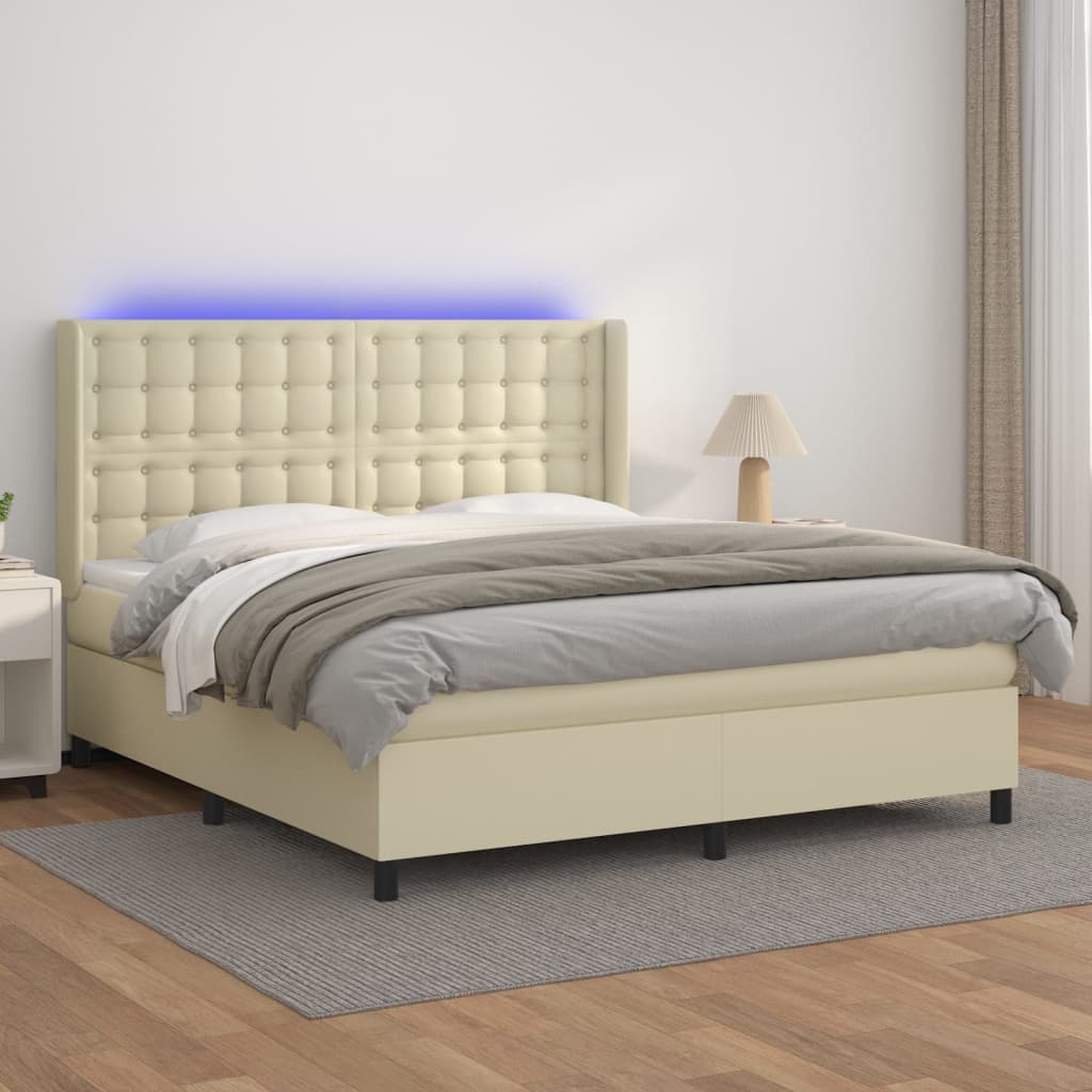 Krémszínű műbőr rugós ágy matraccal és LED-del 180x200 cm