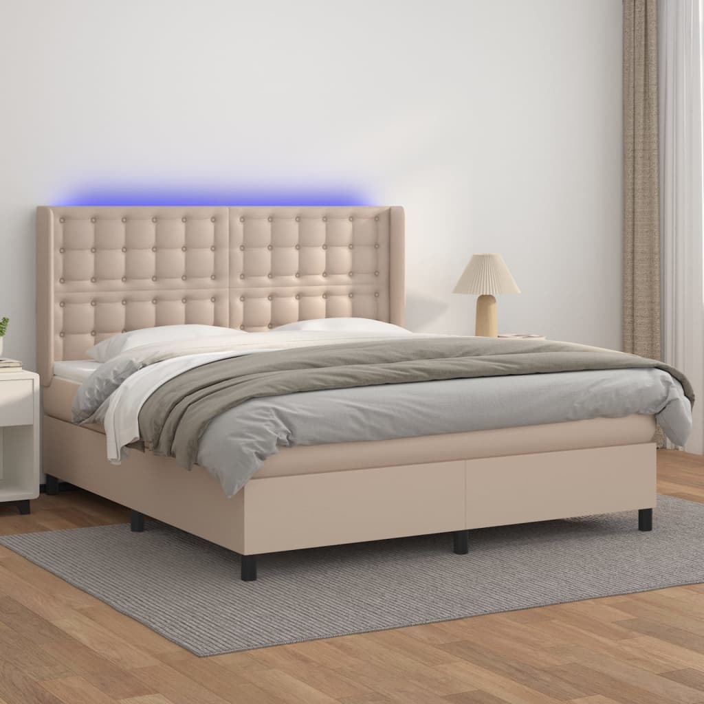 Cappuccino színű műbőr rugós ágy matraccal és LED-del 180x200cm