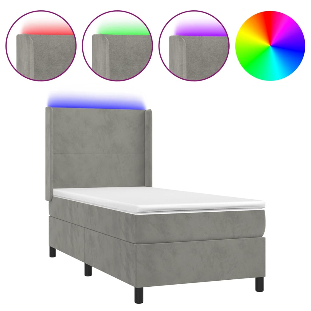 Világosszürke bársony rugós és LED-es ágy matraccal 80 x 200 cm 2