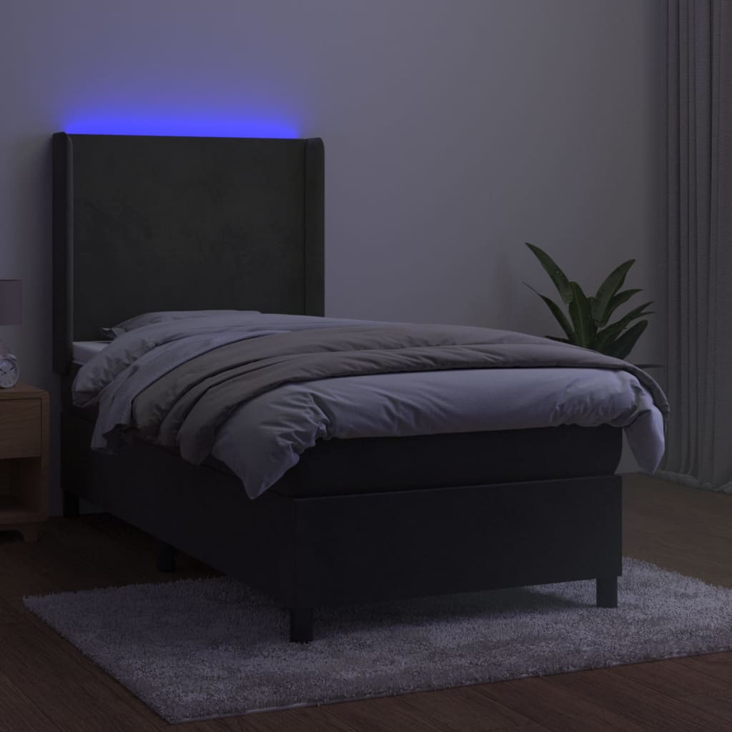 Sötétszürke bársony rugós és LED-es ágy matraccal 90x190 cm 3