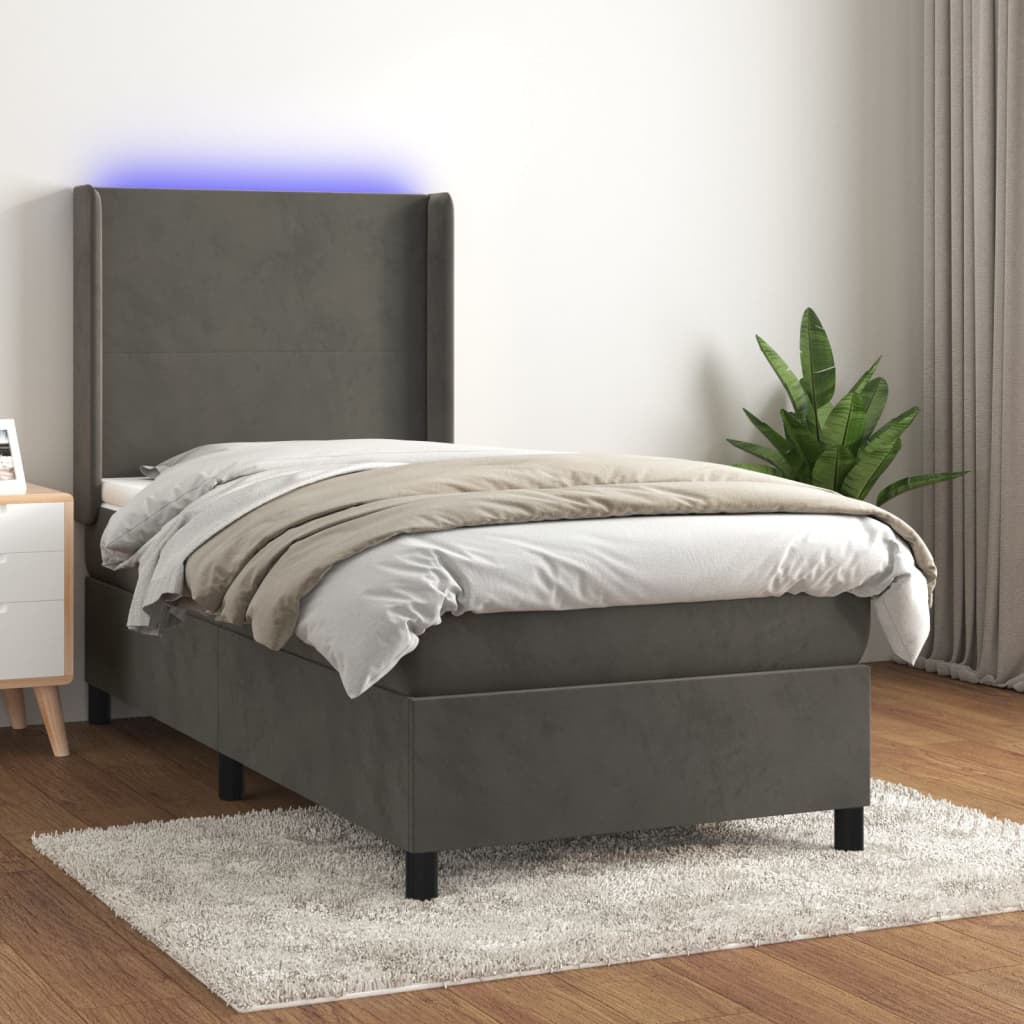 Sötétszürke bársony rugós és LED-es ágy matraccal 90x190 cm