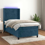 Sötétkék bársony rugós és LED-es ágy matraccal 90x190 cm