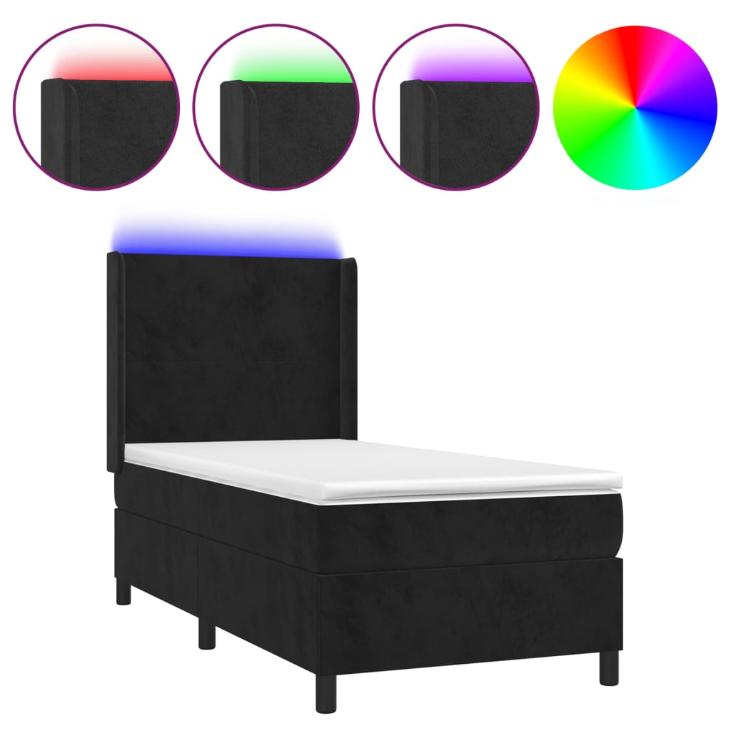 Fekete bársony rugós és LED-es ágy matraccal 90x200 cm 2